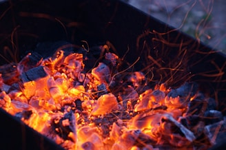 Bright orange coals glow and crackle, sending up small sparks and embers. Charred pieces of wood intermingle with the fiery coals, creating a warm and intense scene. The surrounding area appears dark, emphasizing the vibrant heat and light of the burning coals.