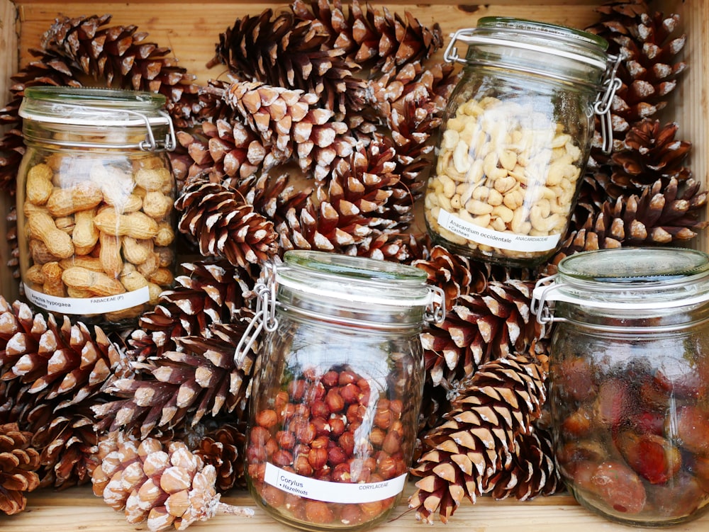 brown and white beans in clear glass jars