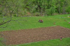 A lush, green landscape featuring a field in the foreground being tilled, while a red tractor continues plowing. The scene is surrounded by dense woods with various shades of green foliage. The ground is mostly made up of turned soil and patches of grass, creating a contrast between the earthy tones and the vibrant greens.