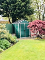 A well-manicured garden with a green metal storage shed in the background. The area is surrounded by lush trees and various plants, including a prominent red-leaved tree on the right.
