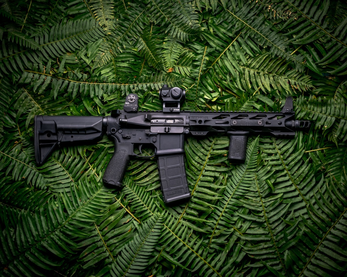 AR-15 rifle receiver and handguard detail — common laser engraving surface