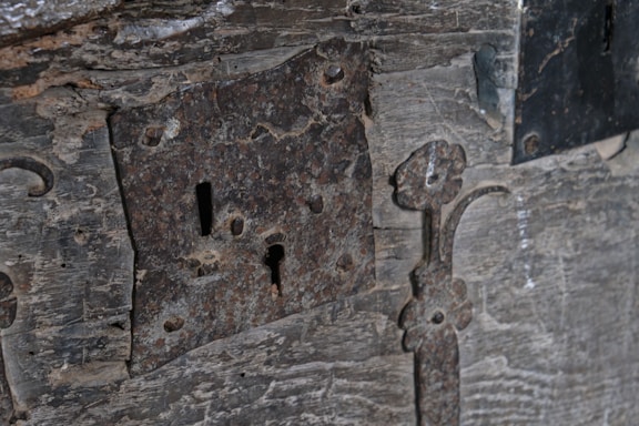 A close-up view of an old, rustic lock mounted on a weathered wooden surface. The lock and its surrounding metalwork exhibit signs of rust and age, with intricate, floral patterns carved into the metal. The wood shows worn and rough textures, enhancing the antique and historic character.