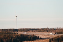 A landscape with a wind turbine standing tall against a pale sky, surrounded by a sprawling forest. Below, there is a highway with several vehicles, including a truck and cars, traveling along it.