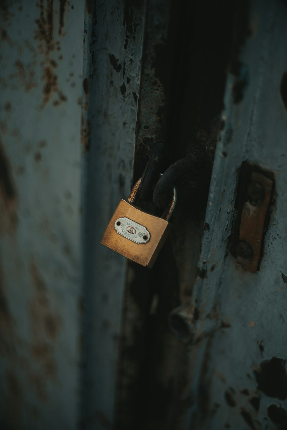 gold padlock on white wooden door