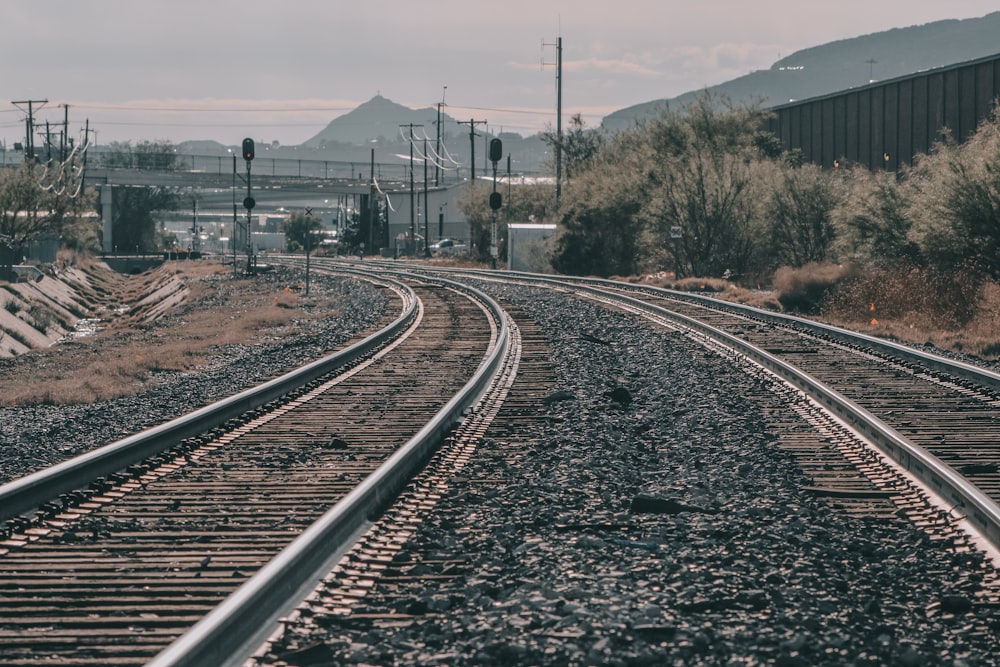 train rail near trees and houses during daytime