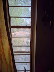A barred window with a mesh screen overlooks a view of a tree and yard. The curtain on the left has vertical stripes in earthy tones, and there are some keys hanging on the right. The outside view is slightly obscured by the grime and dirt on the screen.