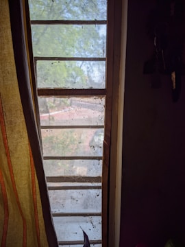 A barred window with a mesh screen overlooks a view of a tree and yard. The curtain on the left has vertical stripes in earthy tones, and there are some keys hanging on the right. The outside view is slightly obscured by the grime and dirt on the screen.