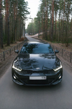 A sleek car parked beside a winding forest road, ready for your next adventure.