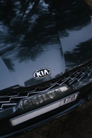 A close-up view of a dark-colored Kia car hood with the manufacturer logo prominently centered. The surface reflects trees, suggesting the car is outdoors. The front grille and part of a license plate with a partial number and text are visible.
