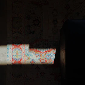 Elegant rug in a sunlit room after a thorough cleaning, showcasing vibrant colors.