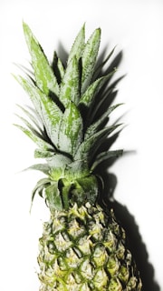 A close-up of a fresh pineapple displayed against a plain white background. The image highlights the detailed texture of the pineapple's spiky green crown and rough, diamond-patterned rind.