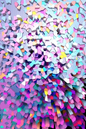 An artistic arrangement of colorful abstract shapes and patterns.