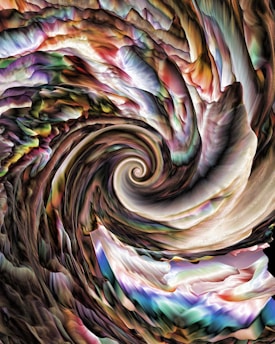 A swirling, abstract pattern composed of layered, wavy textures and vibrant colors, creating a dynamic and fluid motion. The central vortex draws the eye inward, surrounded by overlapping, organic shapes that resemble waves or folds.