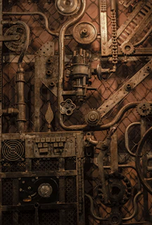 Artistic composition of old mechanical pieces welded together, highlighting the contrast of shapes.