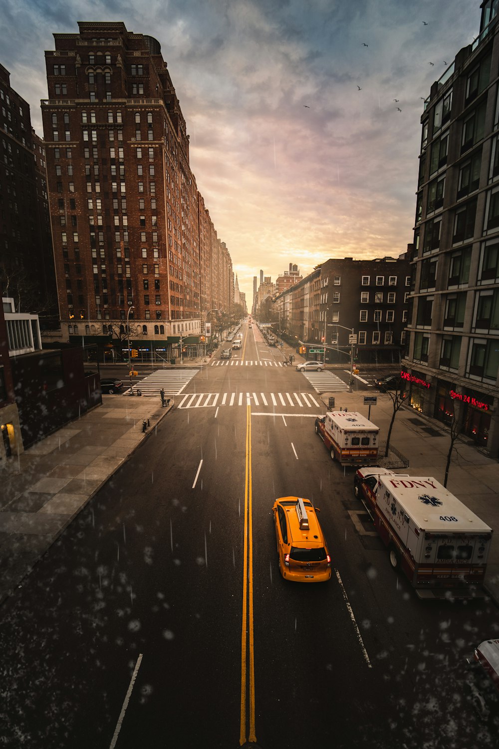 cars on road between high rise buildings during daytime