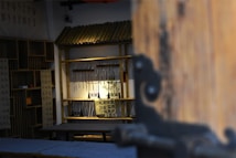 A room with traditional decor, featuring wooden furnishings and bamboo shelves. Calligraphy scrolls are displayed, and a small plant sits under focused lighting. The perspective is slightly obscured by a large wooden door on the right side.