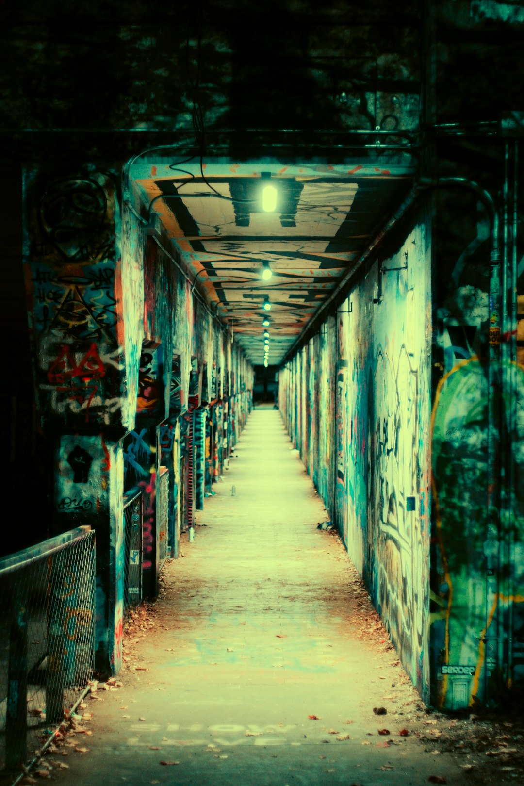 hallway with red and blue lights