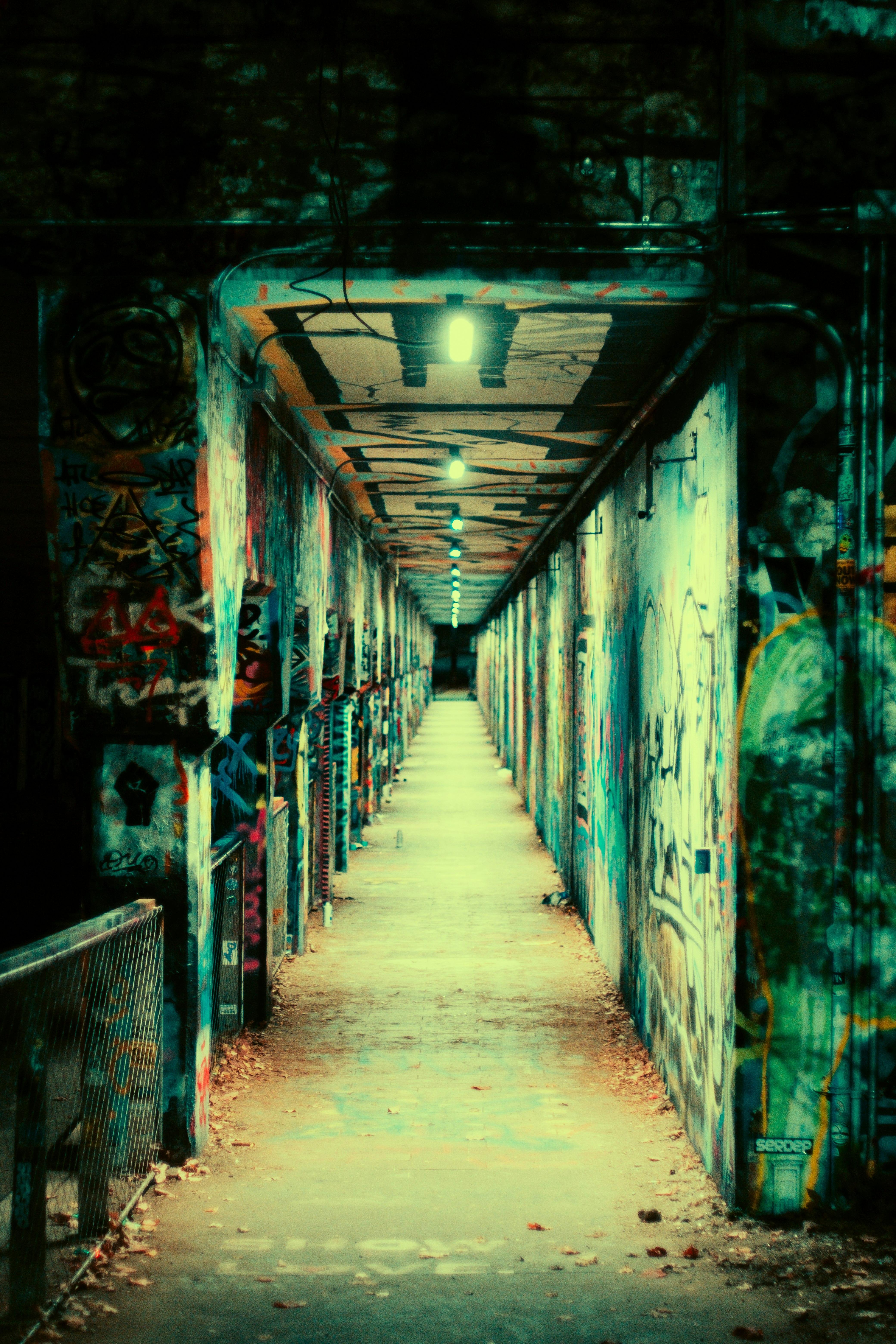 hallway with red and blue lights