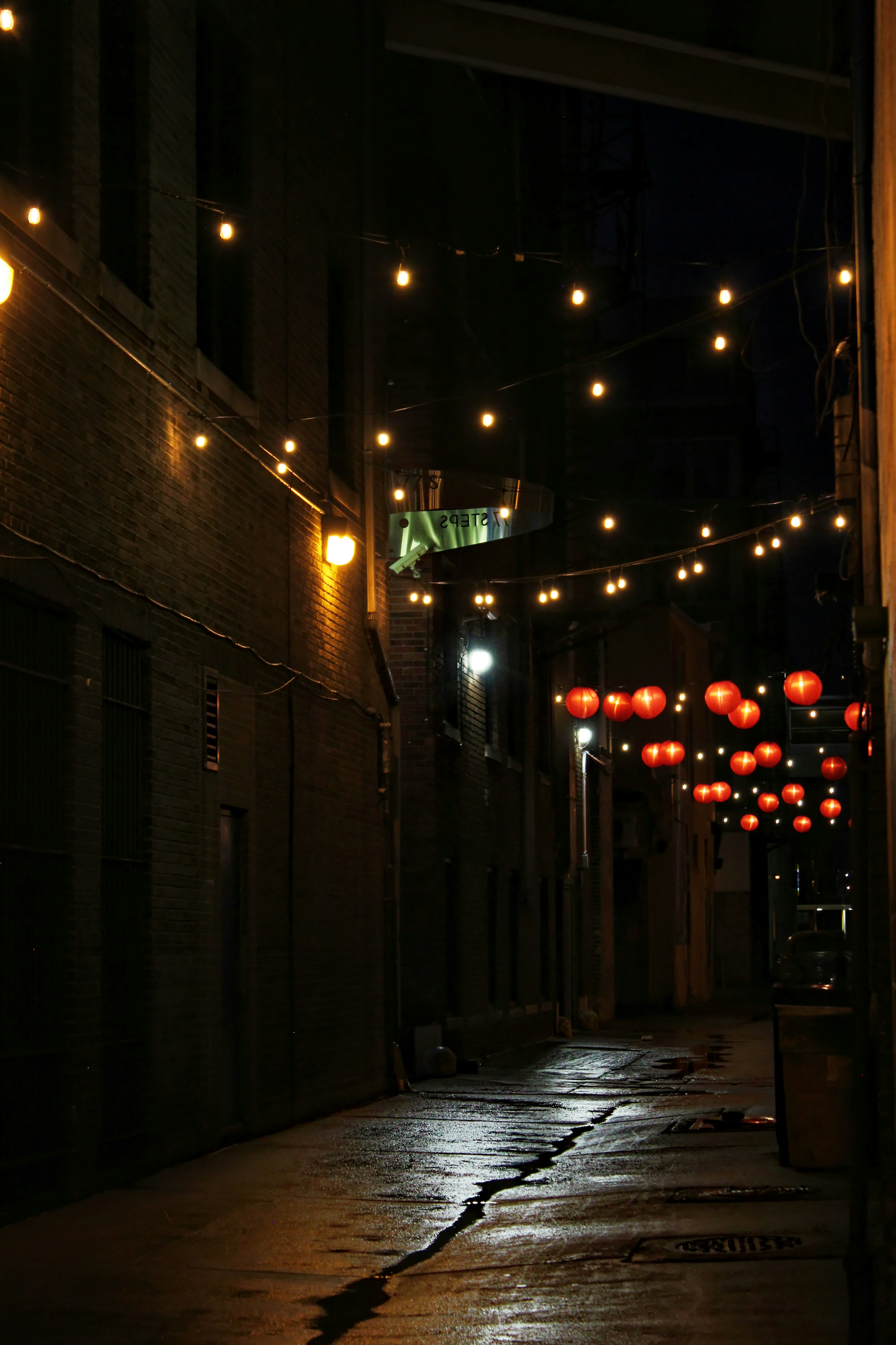 Red green and yellow string lights on street during night time photo