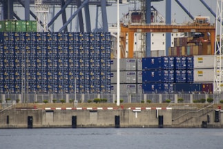 A large collection of stacked shipping containers, predominantly blue with some in green and white, is arranged along an industrial dockyard. Cranes and other port infrastructure are visible in the background. The dock is bordered by a concrete sea wall, with a narrow strip of land and some greenery visible between the wall and the containers. The water of the harbor is in the foreground.