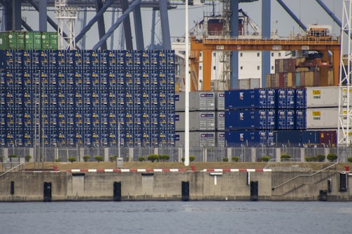A large collection of stacked shipping containers, predominantly blue with some in green and white, is arranged along an industrial dockyard. Cranes and other port infrastructure are visible in the background. The dock is bordered by a concrete sea wall, with a narrow strip of land and some greenery visible between the wall and the containers. The water of the harbor is in the foreground.