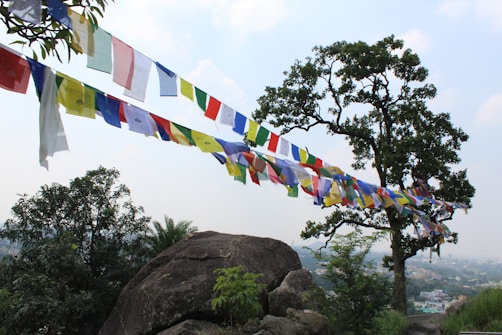 Colorful prayer flags are strung between trees on a hillside, with rocks and foliage in the foreground. The sky is bright with fluffy clouds, creating a serene and spiritually uplifting scene.