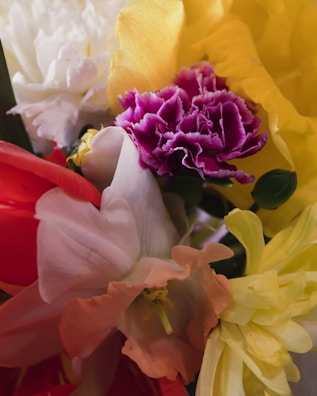 A close-up of colorful flowers in a bouquet.