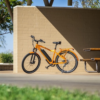 A colorful electric children's bike resting in a sunny park.