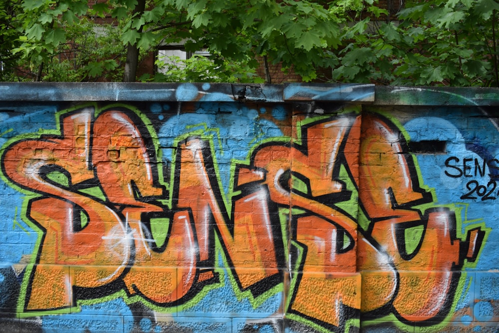 graffiti on wall near green trees during daytime