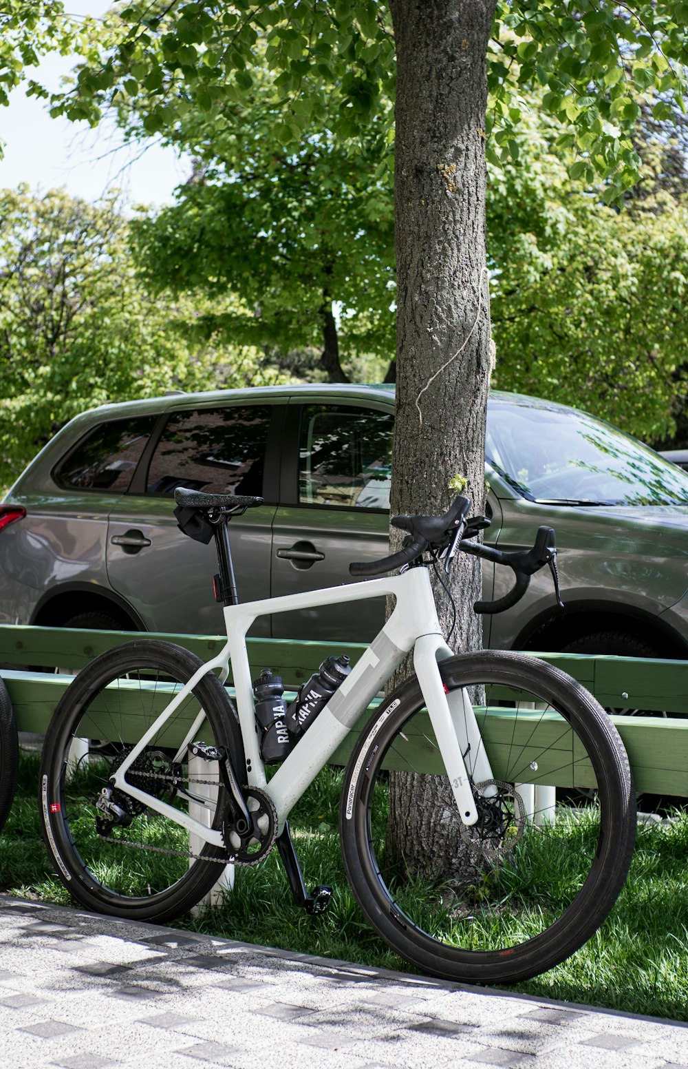 white and black mountain bike leaning on tree trunk
