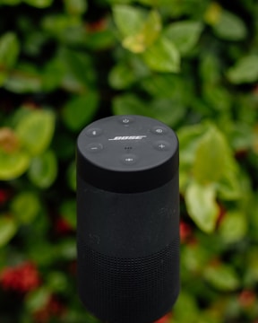 A black cylindrical wireless speaker is positioned against a blurred background of lush green leaves, highlighting the speaker's control buttons and brand name.
