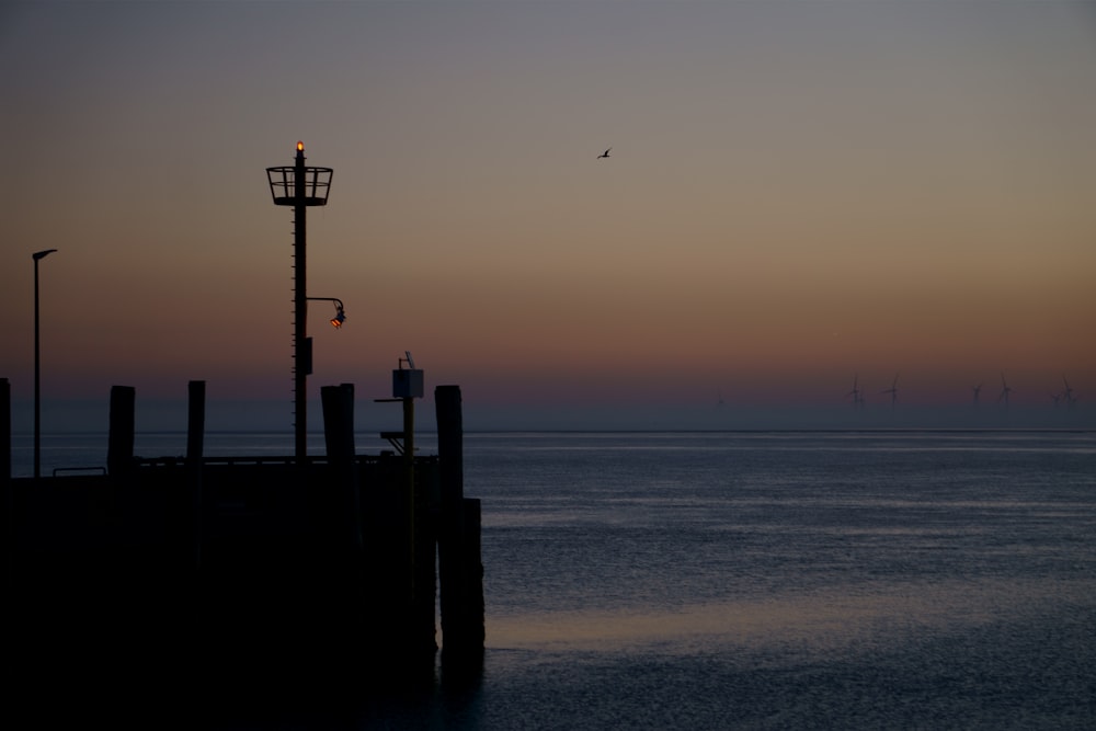 silhouette of wooden post on beach during sunset