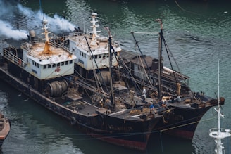 Two fishing vessels are docked side by side in a body of water, equipped with various fishing equipment and machinery on their decks. There is smoke emitting from one of the ships. Several crew members can be seen working on the decks of the boats. The water surrounding the boats has a greenish hue.