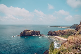 A scenic view of Rote Island's coastline with clear blue waters and sandy beaches.