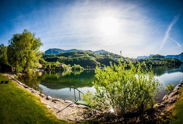 A serene lakeside scene with lush greenery and clear reflective water, set against a background of small mountains or hills under a bright sun in a clear blue sky. A tree with fresh green leaves and some bushes dominate the foreground, while a pathway with grassy areas leads towards the lake. The peaceful environment suggests a natural retreat, with no visible human activities adding to the tranquility.