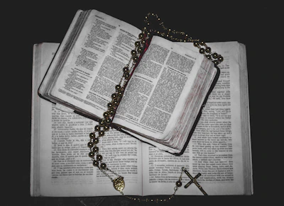 A softly lit stack of blush pink and gold-edged Christian books resting on a wooden table with a delicate rosary beside them.