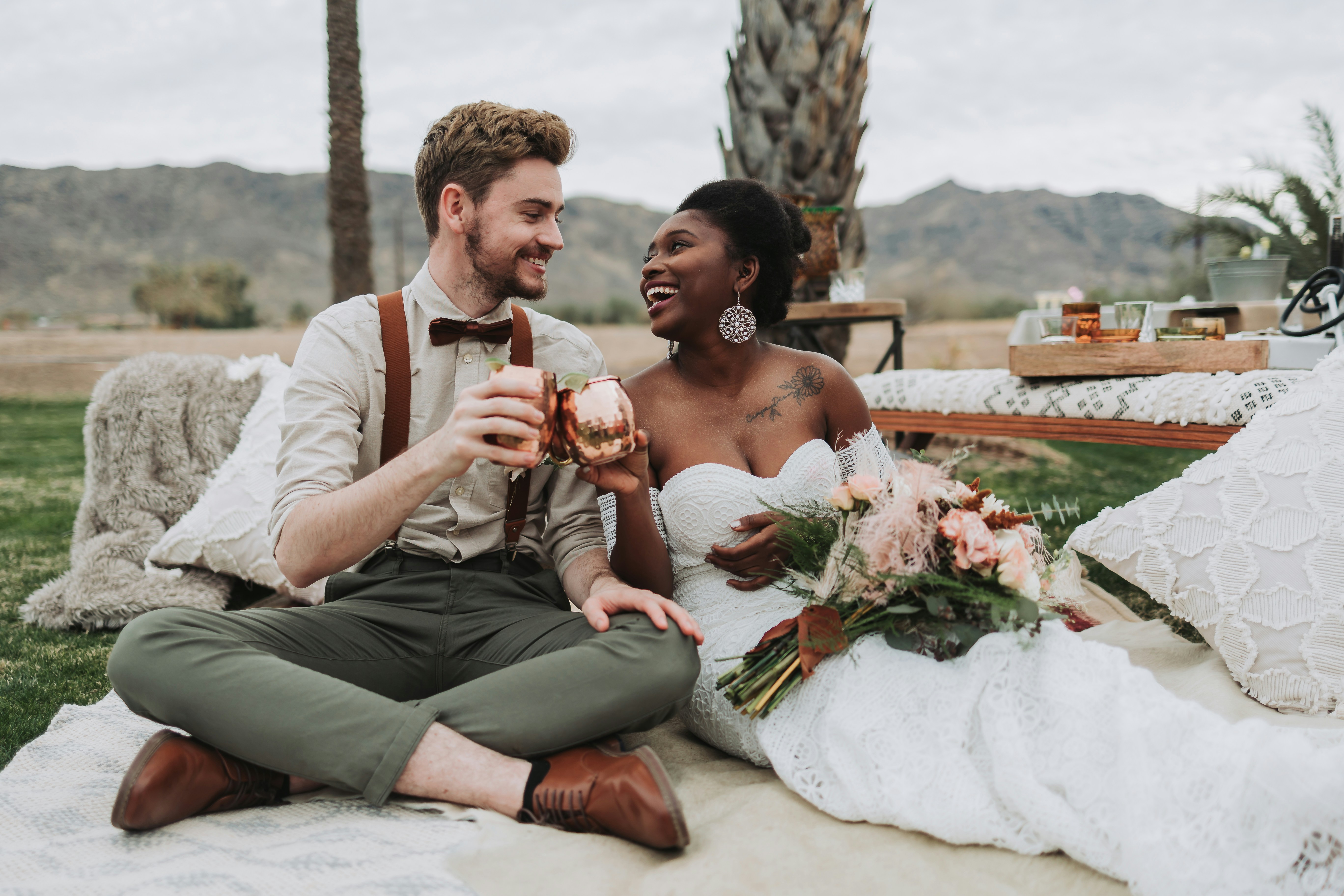 A happy couple celebrates together on their wedding day