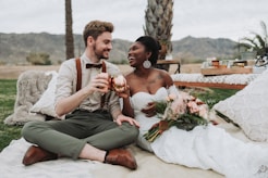 A happy couple celebrates together on their wedding day.