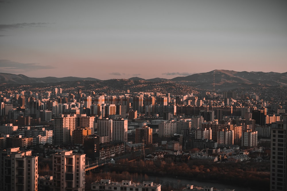 aerial view of city buildings during night time