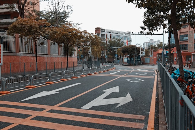A marked pedestrian crossing lane near trees and buildings on a sunny day