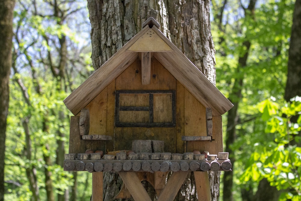 nichoir en bois brun sur arbre