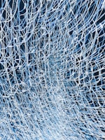 An intricate and complex network of intertwined lines and patterns, forming a mesh-like structure with a sense of movement and flow. The lines are predominantly white against a dark background, giving a sense of depth.