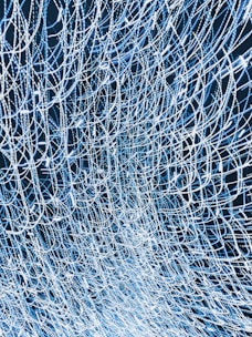 An intricate and complex network of intertwined lines and patterns, forming a mesh-like structure with a sense of movement and flow. The lines are predominantly white against a dark background, giving a sense of depth.