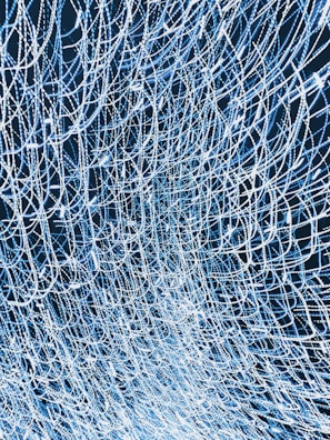 An intricate and complex network of intertwined lines and patterns, forming a mesh-like structure with a sense of movement and flow. The lines are predominantly white against a dark background, giving a sense of depth.