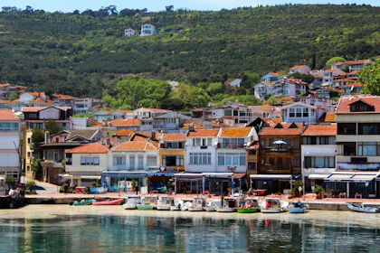 white and brown boat on body of water near houses during daytime