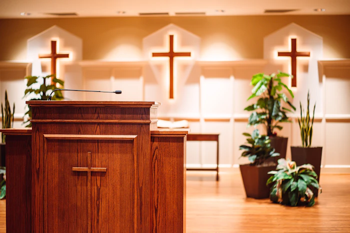 Sanctuary pulpit with wooden crosses
