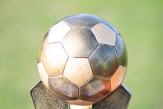 A metallic soccer ball sculpture with pentagonal and hexagonal panels on a textured base, set against a blurred green background.