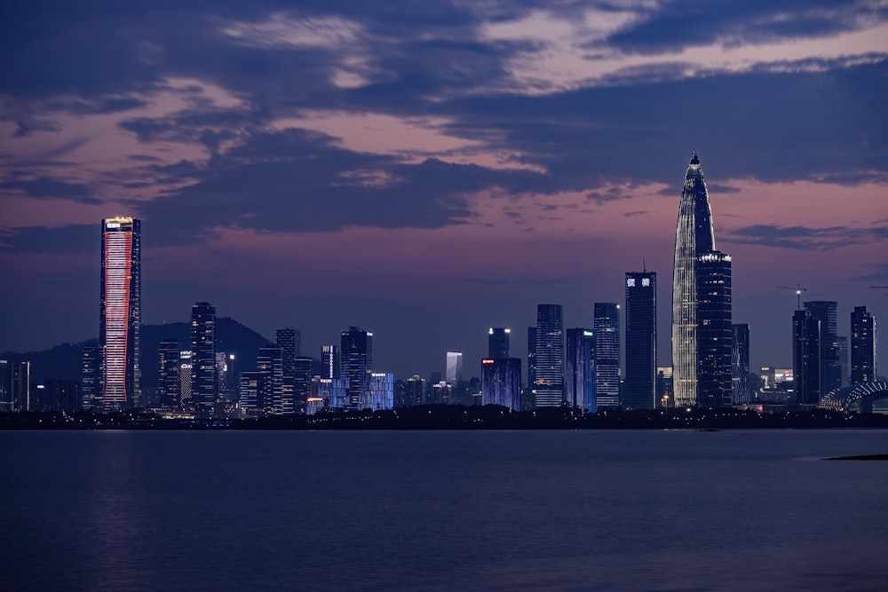 city skyline during night time