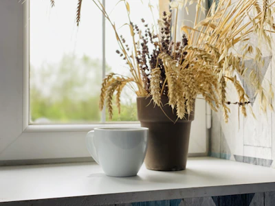 A softly lit morning scene with a cream-colored mug resting on a linen cloth beside a small potted plant by a window.