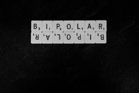 Um painel preto com peças organizadas uma ao lado da outra com letras desenhadas, formando a palavra bipolar